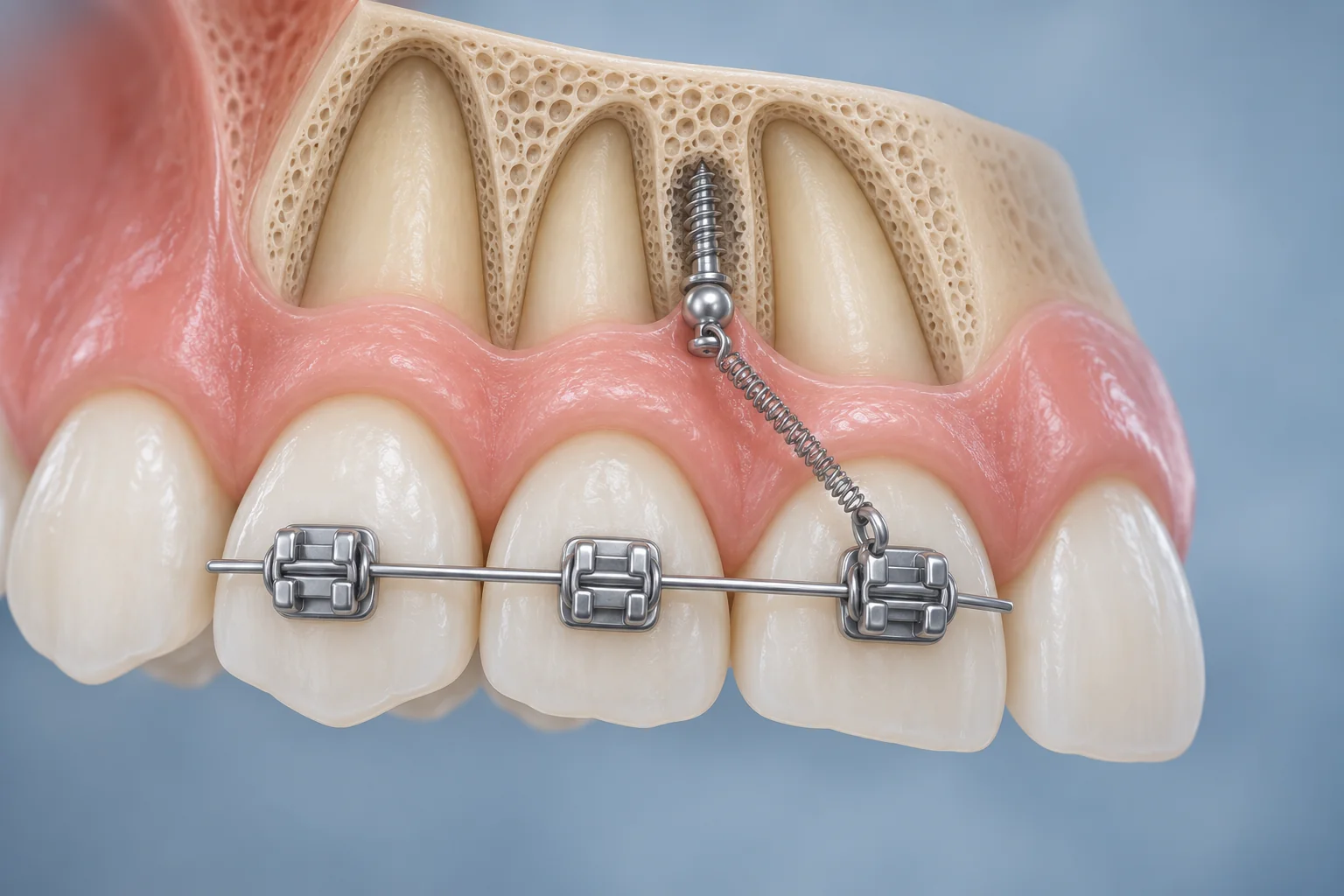 Illustration of a temporary orthodontic anchor connected to braces